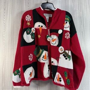 Vintage Christmas Sweater Red Zip Up Cardigan Snowman Snowflake Embroidered Sz L